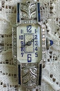 Antique 1930s Art Deco Platinum 14k White Gold Diamond Sapphire Crystal Watch