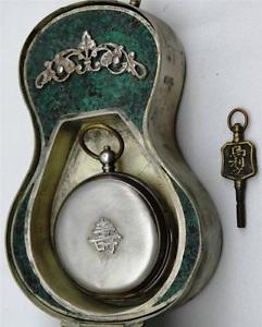 Important Chinese Qing Dynasty silver watch&silvered/malachite guitar case