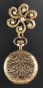 14K YELLOW GOLD HUNTER CASE ENGRAVED LAPEL WATCH BY WALTHAM WITH 14K & PEARL PIN