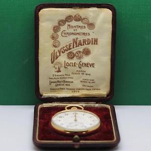 ULYSSE NARDIN OPEN FACE 18K SOLID GOLD ENAMEL DIAL POCKET WATCH BOX & PAPER