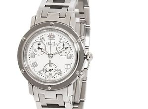 Pre-Owned HERMES Clipper Chrono CL1.310 Ladies SS White Quartz Watch, MD