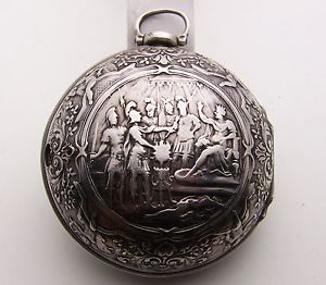 Mythological  Repousse Silver Pair Case Oignon Verge Fusee Repeater Project 57mm