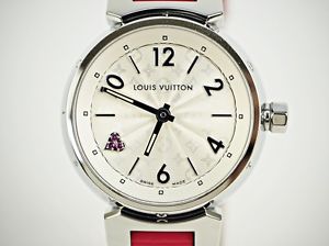 LOUIS VUITTON Tambour Pink Sapphire Heart SS Leather Band Silver Pink EC #0605