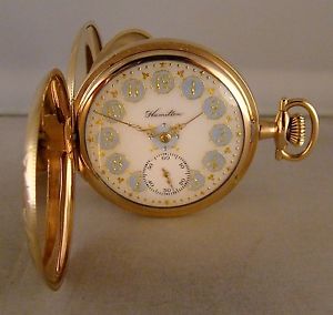 ANTIQUE HAMILTON 961 21j 14k GOLD FILLED HUNTER CASE FANCY DIAL 16s POCKET WATCH