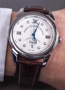 DIC Luxury Swiss Watch Automatic S/Steel Day & Date Diamond Dial Leather Strap