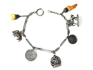 Super-rare HUNTER SILVER FOB CHAIN w/ FIGURINE CHARMS MINIATURES, Bavaria 1900