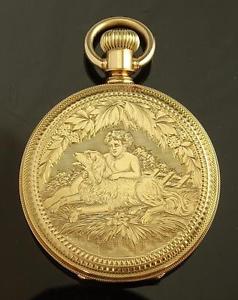 RICHLY ENGRAVED ANTIQUE ELGIN 14K SOLID GOLD HUNTER CASE POCKET WATCH DATED 1882