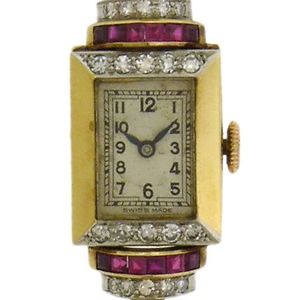 Vintage Ladies Rectangular Gold Platinum Rubies and Diamonds Manual Wind Watch