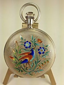 Rare Antique Silver Enamel Bird Of Paradise Pocket Watch by Georges Favre-Jacot