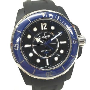 AUTHENTIC CHANEL J12 Marine Blue Bezel Men's Wristwatch Ceramic/Rubber H2559