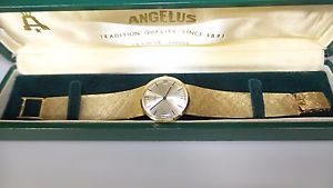 VINTAGE 14K YELLOW GOLD MEN'S ANGELUS SUISSE WATCH W/SAPPHIRE CROWN + ORIG CASE