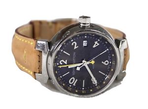 LOUIS VUITTON MEN'S POLISHED STAINLESS "TAMBOUR Q1131" LEATHER WRIST WATCH