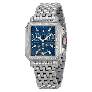 Michele Deco Diamond Chronograph Blue Dial Stainless Steel Ladies Watch