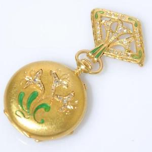 MINT ULYSSE NARDIN 18K SOLID GOLD DIAMONDS ENAMEL PENDANT POCKET WATCH W/ BROOCH