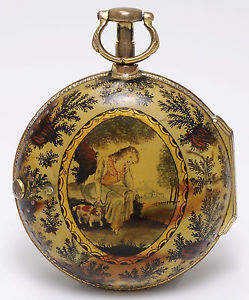 Antique Georgian Gold Plated Painted Tortoise Shell Verge Pocket Watch - c1775