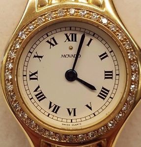 WOMEN AUTHENTIC MOVADO WATCH SOLID 14K YELLOW GOLD WHITE DIAL WITH 36 DIAMONDS