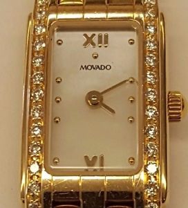 LADIES AUTHENTIC MOVADO WATCH SOLID 14K GOLD MOTHER OF PEARL 30 DIAMONDS BEZEL