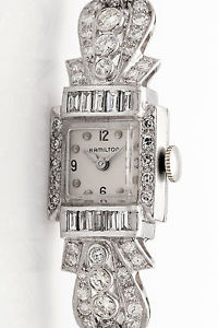 Antique 1950s $10,000 3ct VS G Baguette Diamond Hamilton Platinum Ladies Watch