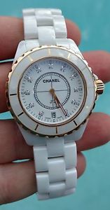 Chanel J12 38mm White Ceramic with Diamonds and Gold Trim Bezel
