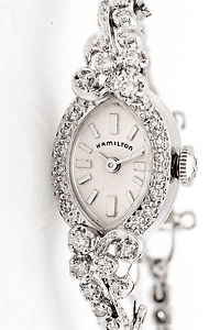 Antique 1940s $5K Hamilton 2ct VS G Diamond 14k White Gold Ladies Watch PRISTINE