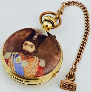 MUSEUM G.A.Huguenin 18k gold&enamel watch&fob for Persian king Naser al-Din Shah