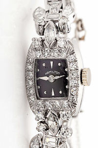 Vintage $10,000 Hamilton Platinum 4ct VS G Diamond BLACK DIAL Ladies Watch WTY