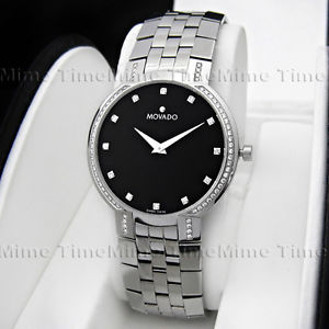Men's Movado FACETO Diamond Black Dial Stainless Swiss Quartz Watch 0605585