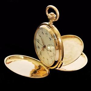 FINE ANTIQUE REPEATER CHRONOGRAPH 18K SOLID GOLD SWISS FULL HUNTER POCKET WATCH