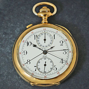 Rare Guinand Locle 14K Yellow Gold Split Second Pocket Watch, Photogravure Case