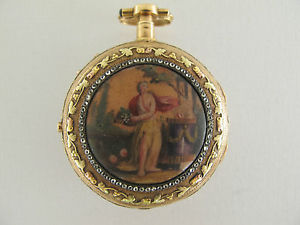 5B870 Rare Antique CLAVIER A PARIS multi-colour solid 18k gold  镶钻珐琅彩二问古董 实金怀表