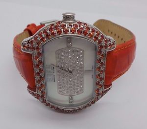 $4200 Effy So-Ho Diamond/Orange Sapphire 5.10 Tcw. Mother-of-Pearl Watch AI-455