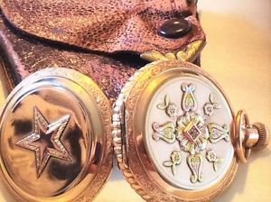 Antique Elgin 14K Rose Yellow Gold Pocket Watch Diamond Leather Hunting Case RR