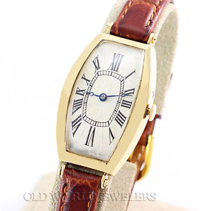 Vintage Swiss Wristwatch 18K Yellow Gold Tonneau Case Roman Numerals Manual Wind