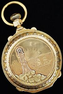 Elgin 18k Pocket Watch Lighthouse & Ship Railroad Grade 86 Movement; Size 16s