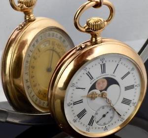 UNIQUE MUSEUM antique Badollet 18k gold DOUBLE DIALS ASTRONOMICAL CALENDAR WATCH