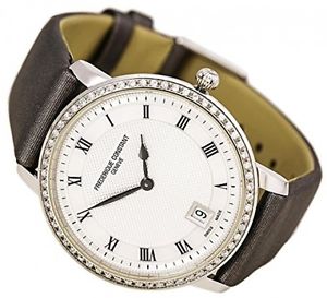 Frederique Constant Slim Line Silver Guilloche Dial Grey Satin Ladies Watch