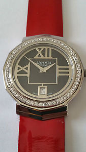 Ladies Diamond JAHAN Geneve Watch Large 35 mm Red Patent Leather Strap.