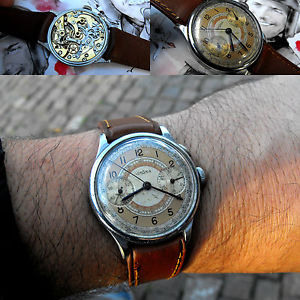 Vintage Rare LEMANIA 15 CHT Swiss Pilot MIlitary one Pusher Chronograph Watch