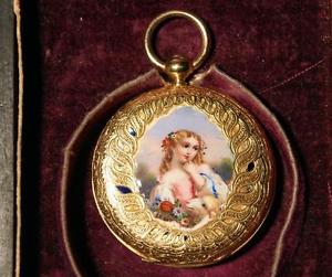 Antique Mid 19th Century Bautte 18K Gold and Enamel Pocketwatch 13 Jewels no key
