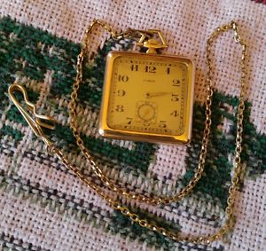 Huber 14K Yellow Gold Square Case 40.91mm Pocket Watch Gold Filled Chain