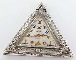 SUPER RARE ITRACO 17J .925 S/SILVER MASONIC TRIANGULAR SHAPED POCKET WATCH.