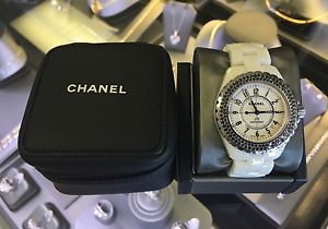 AUTHENTIC CHANEL J12 WATCH WHITE CERAMIC AUTOMATIC 38MM BLACK DIAMOND BEZEL