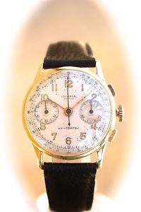 18K SOLID GOLD VINTAGE 2 REGISTER UNIVERSAL GENEVE CHRONOGRAPH WATCH SERVICD 285