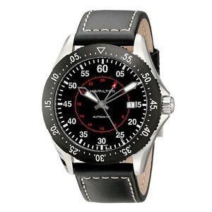 Hamilton H76755735 Mens Black Dial Analog Automatic Watch with Leather Strap