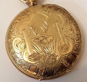 1883 14K SOLID GOLD WALTHAM APPLETON TRACY POCKET WATCH-Hunter case w/Deer Buck