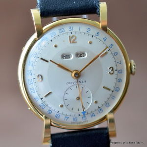 JUVENIA 18K SOLID YELLOW GOLD DAY DATE MONTH STUNNING FLARED LUG 17J RARE PIECE
