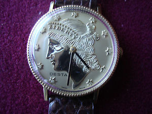 VINTAGE RARE MEN'S DRESS WATCH DESTA COIN LIBERTY DIAL 18K GOLD CASE SWISS