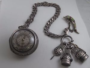 Verge Fusee Silver Repousse Pair Case Champleve Dial Key w Chain Papers 1700s