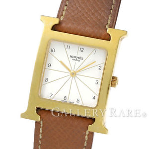 HERMES H Watch Quartz GP SS Gold White Ref HH1.501 W/Cover Excellent++
