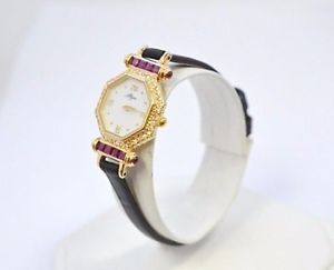 W467- Ladies 14k Yellow Gold Vintage Allegro Diamond and Ruby Leather Watch